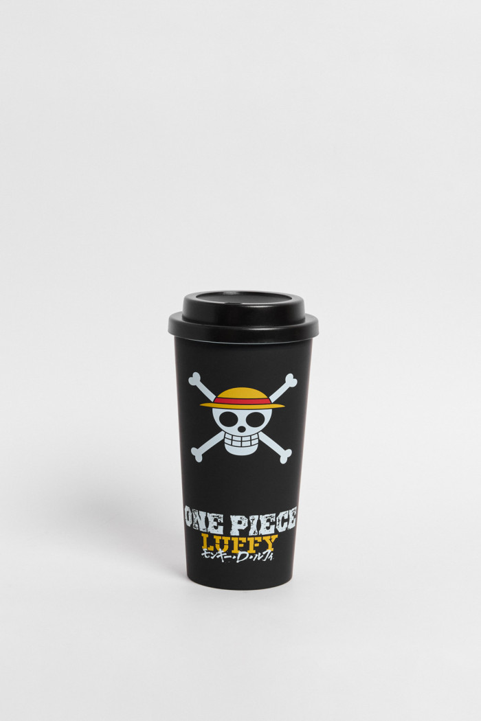 Vaso negro con tapa removible y arte de One Piece