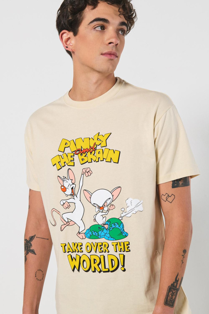 Camiseta kaki manga corta con arte de Pinky y Cerebro