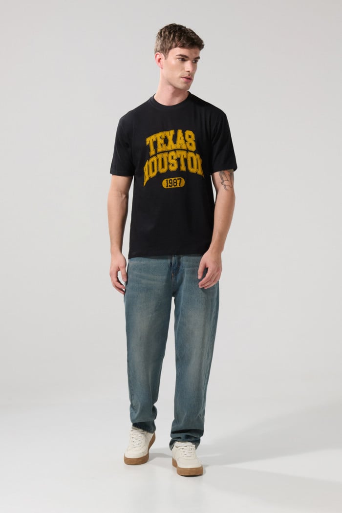 Camiseta en algodón negra college cuello redondo