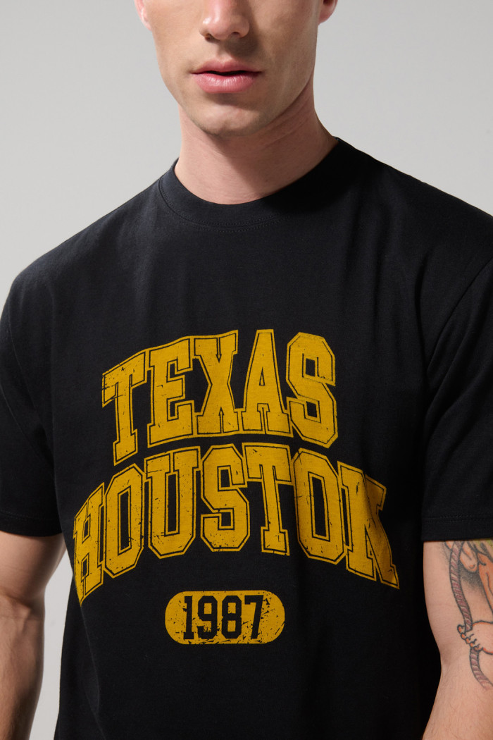 Camiseta en algodón negra college cuello redondo