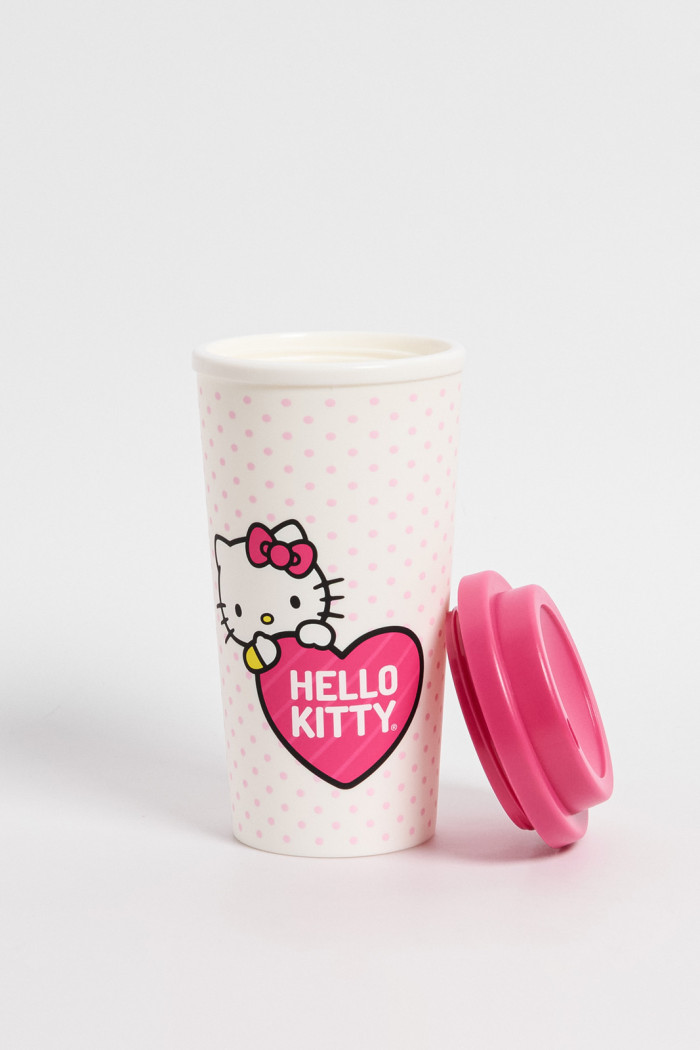 Vaso unicolor con diseño de Hello Kitty y tapa
