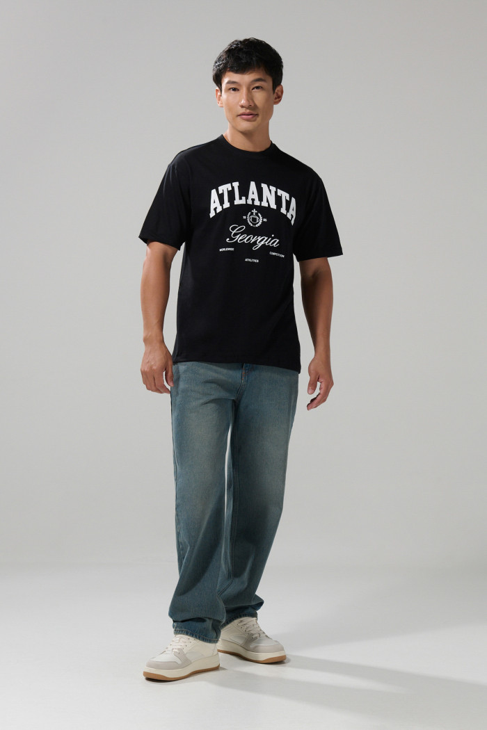 Camiseta college negra en algodón con manga corta