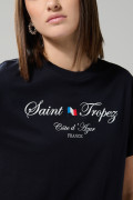 Camiseta college en algodón azul con manga corta