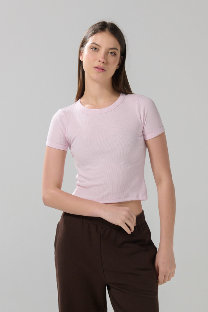 Camiseta acanalada unicolor cuello redondo ajustada