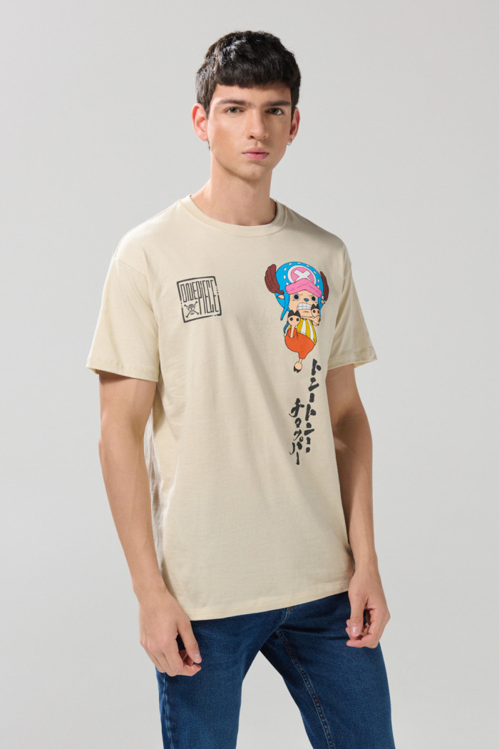 Camiseta cuello redondo kaki clara con arte de One Piece