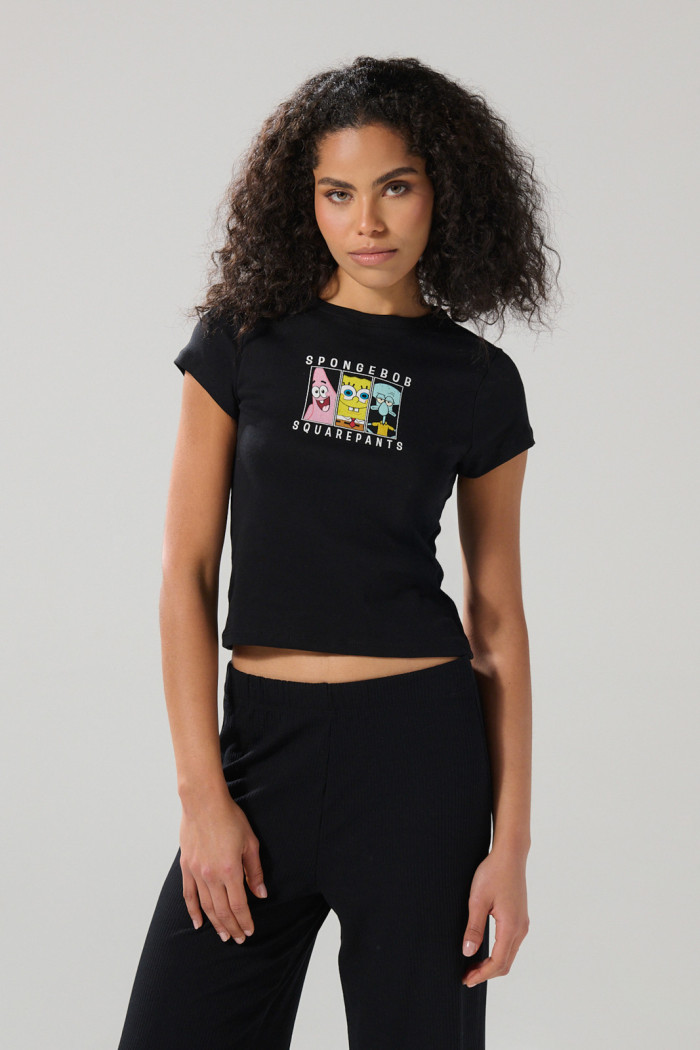 Camiseta negra acanalada de Bob Esponja manga corta