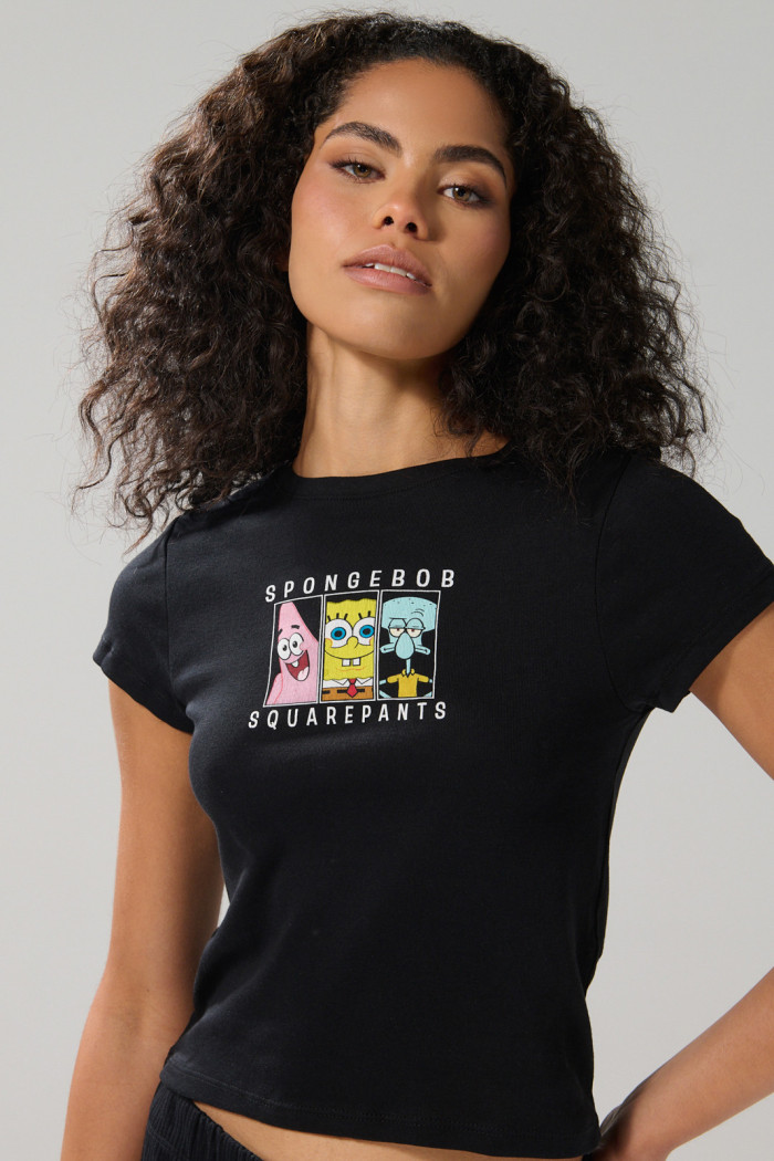 Camiseta negra acanalada de Bob Esponja manga corta