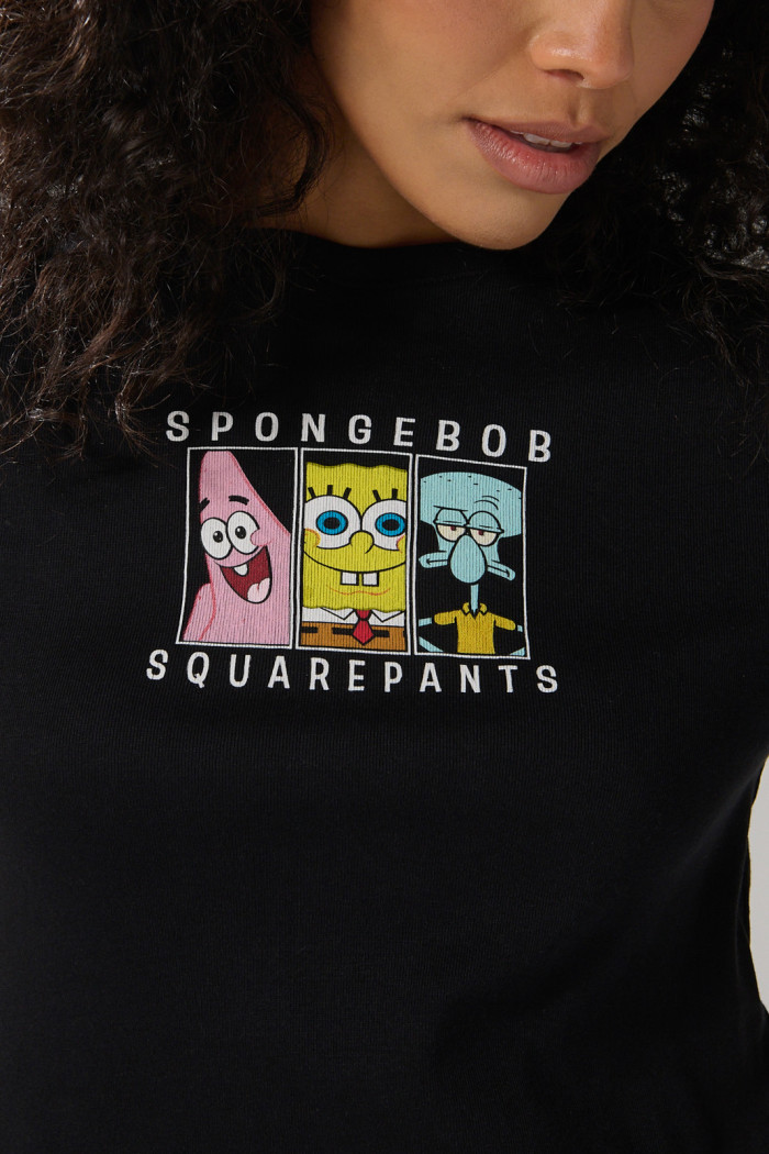 Camiseta negra acanalada de Bob Esponja manga corta