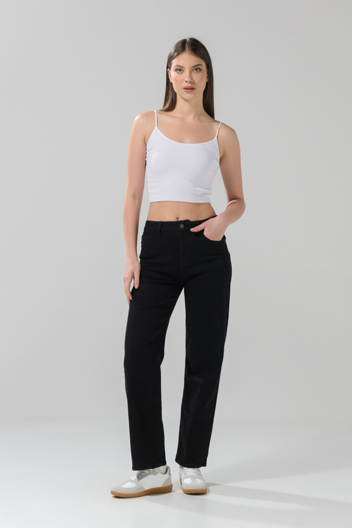 Jean tiro alto negro straight leg bota recta con bolsillos