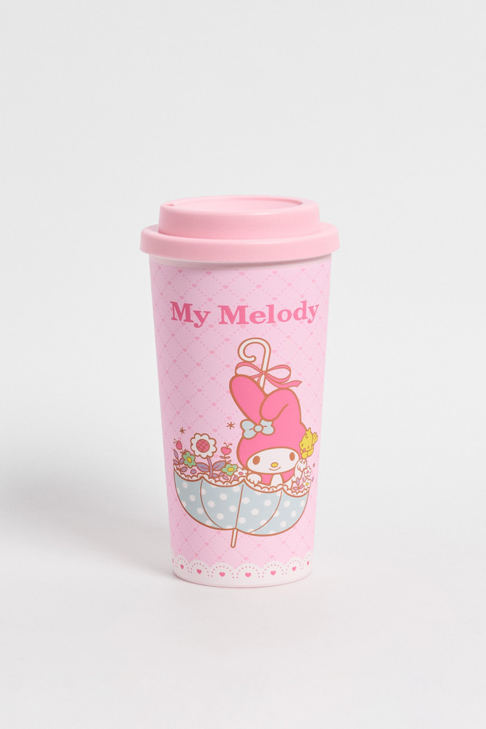 Vaso unicolor con diseño de Hello Kitty y tapa