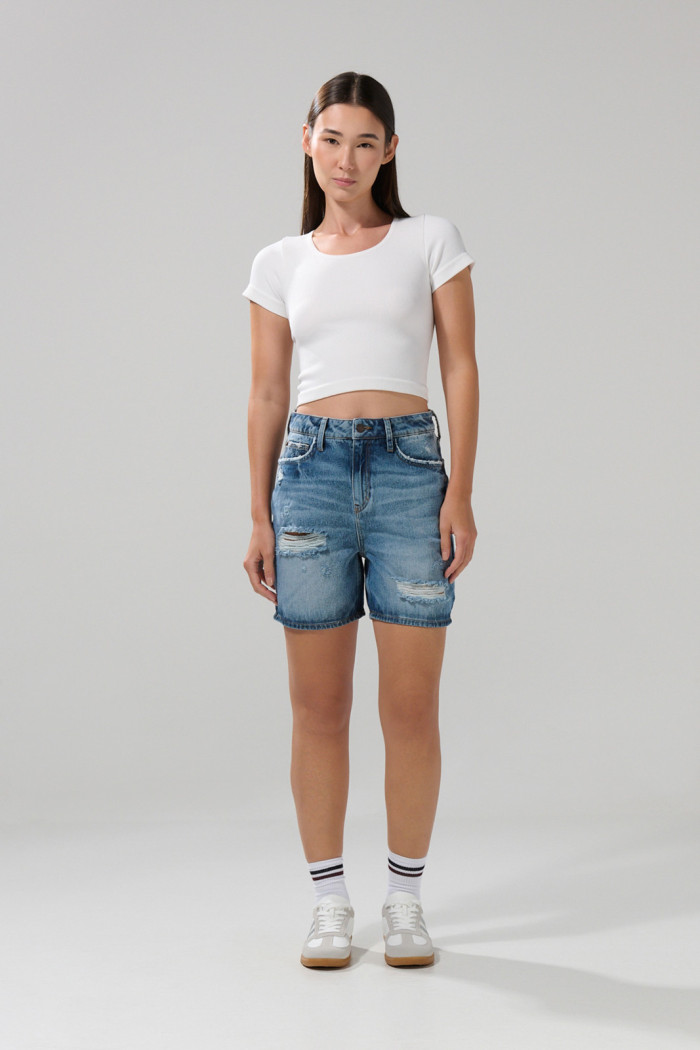 Short de jean tiro súper alto azul medio con rotos
