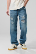 Jean 90´S tiro medio azul con bota ancha y rotos