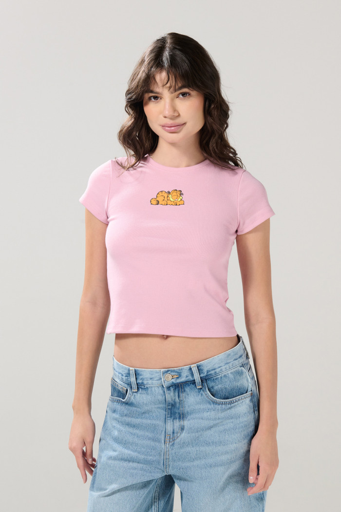 Camiseta rosada clara de Garfield acanalada manga corta
