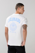 Camiseta crema manga corta con diseños college azules