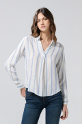 Blusa crema clara con rayas azules y cuello camisero