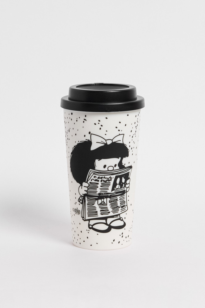 Vaso unicolor con arte de Mafalda y tapa