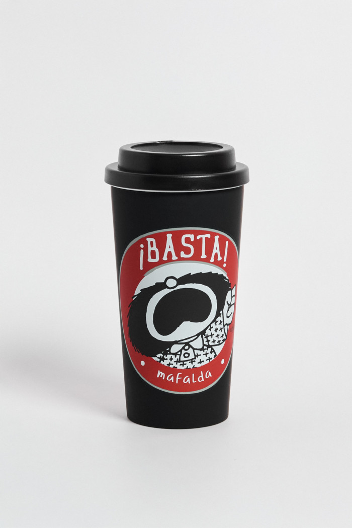 Vaso unicolor con arte de Mafalda y tapa
