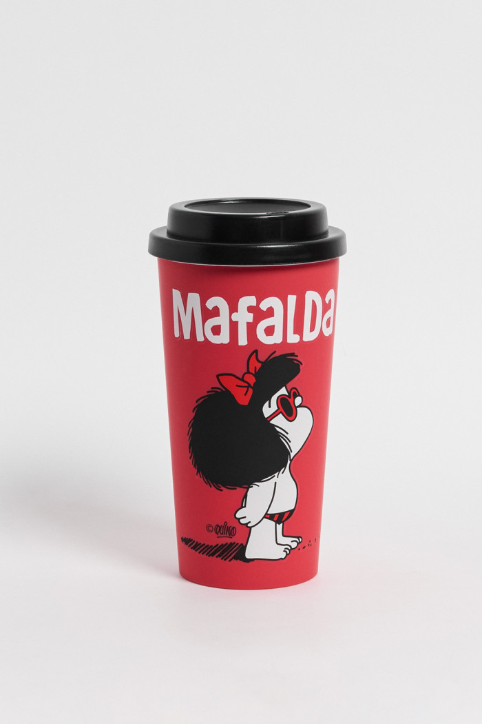 Vaso unicolor con arte de Mafalda y tapa