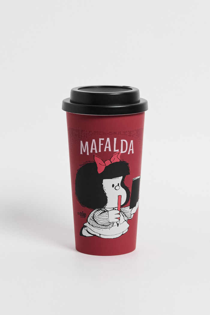 Vaso unicolor con arte de Mafalda y tapa