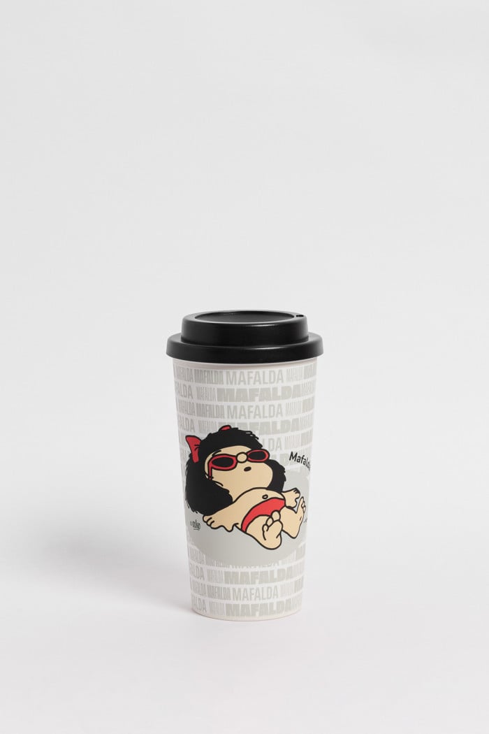 Vaso unicolor con arte de Mafalda y tapa