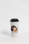 Vaso unicolor con arte de Mafalda y tapa