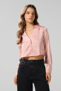 Blusa en satín unicolor crop top con manga larga