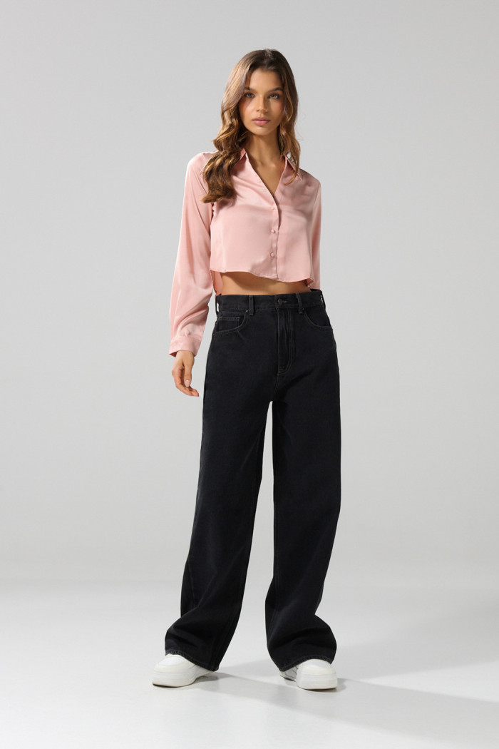 Blusa en satín unicolor crop top con manga larga