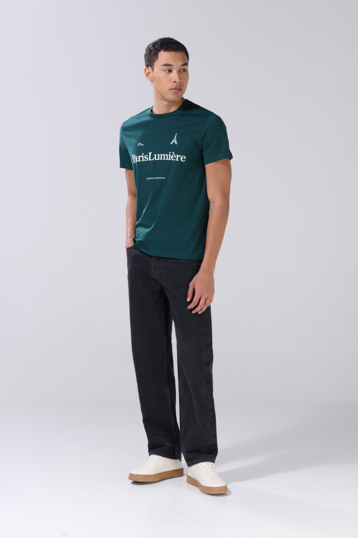Camiseta verde oscura manga corta con arte college de París