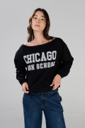 Buzo negro cuello redondo oversize con arte college