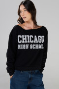 Buzo negro cuello redondo oversize con arte college