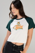 Camiseta crop top crema de Stranger Things con manga ranglan