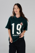 Camiseta verde oscura cuello V oversize con arte college