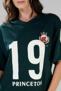 Camiseta verde oscura cuello V oversize con arte college