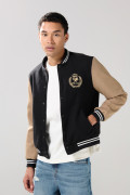 Chaqueta negra bomber con mangas en contraste y arte college