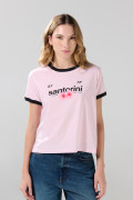 Camiseta college rosada con contrastes negros y manga corta