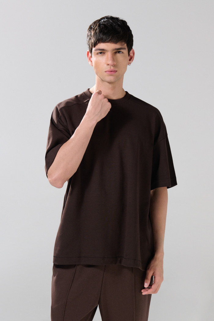 Camiseta unicolor oversize el algodón cuello redondo
