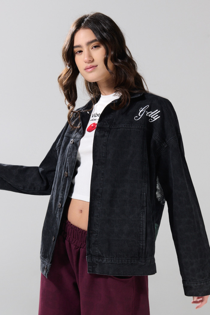 Chaqueta oversize de jean gris intensa con diseños