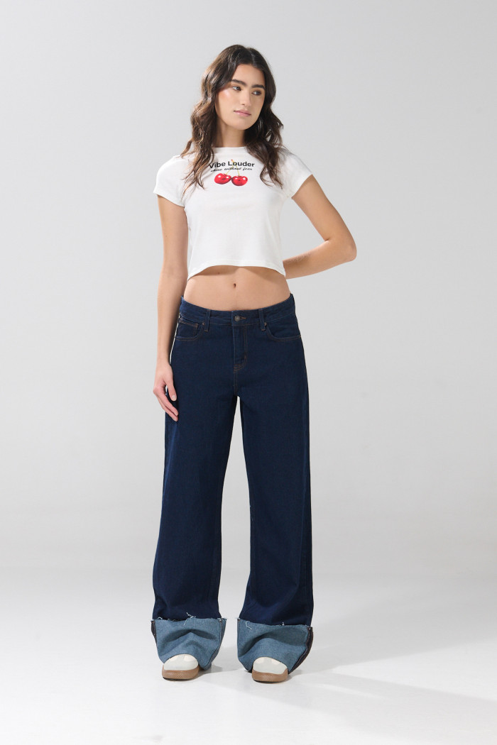 Jean azul oscuro straight low waist bota recta con tiro bajo