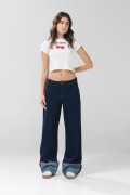 Jean azul oscuro straight low waist bota recta con tiro bajo