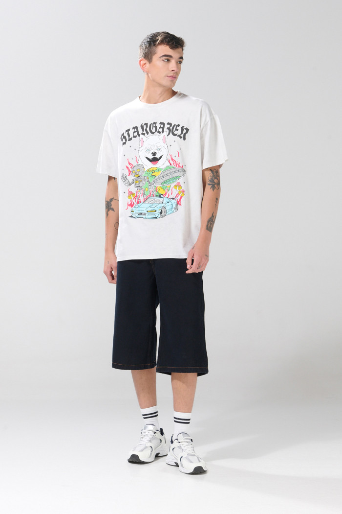 Camiseta estampada oversize crema con manga corta