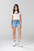 Short tiro alto azul claro de jean con contrastes laterales