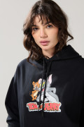 Buzo con capota negro oversize y arte de Tom y Jerry