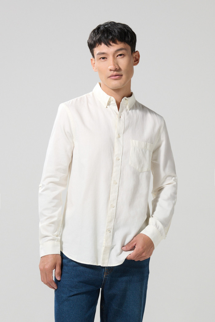 Camisa en algodón manga larga unicolor con botones