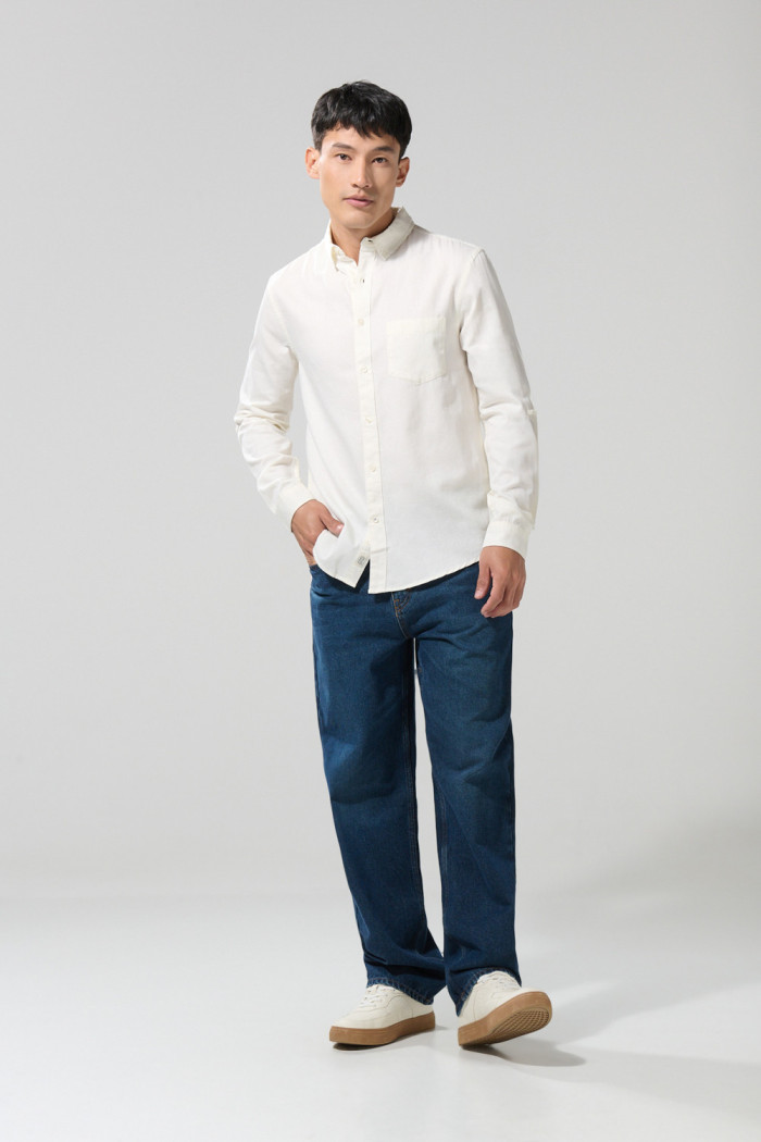 Camisa en algodón manga larga unicolor con botones