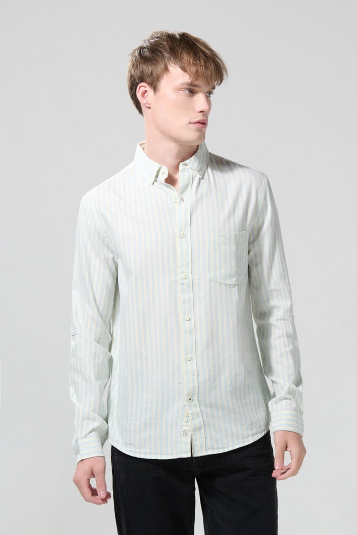 Camisa manga larga a rayas unicolor en algodón