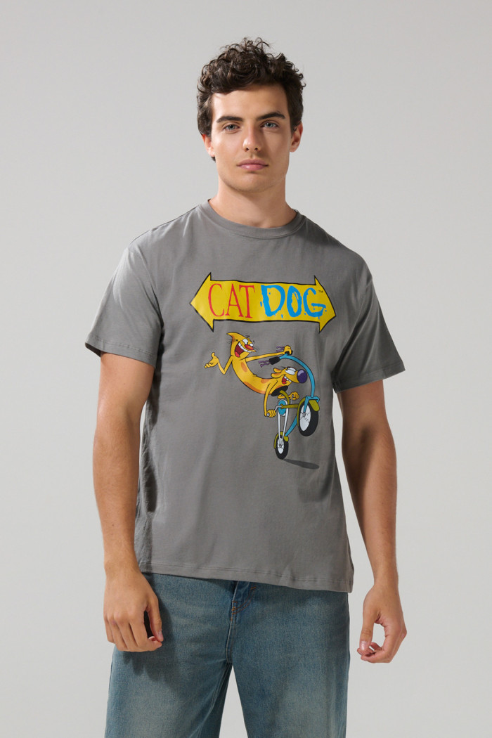 Camiseta manga corta gris medio con arte de CatDog
