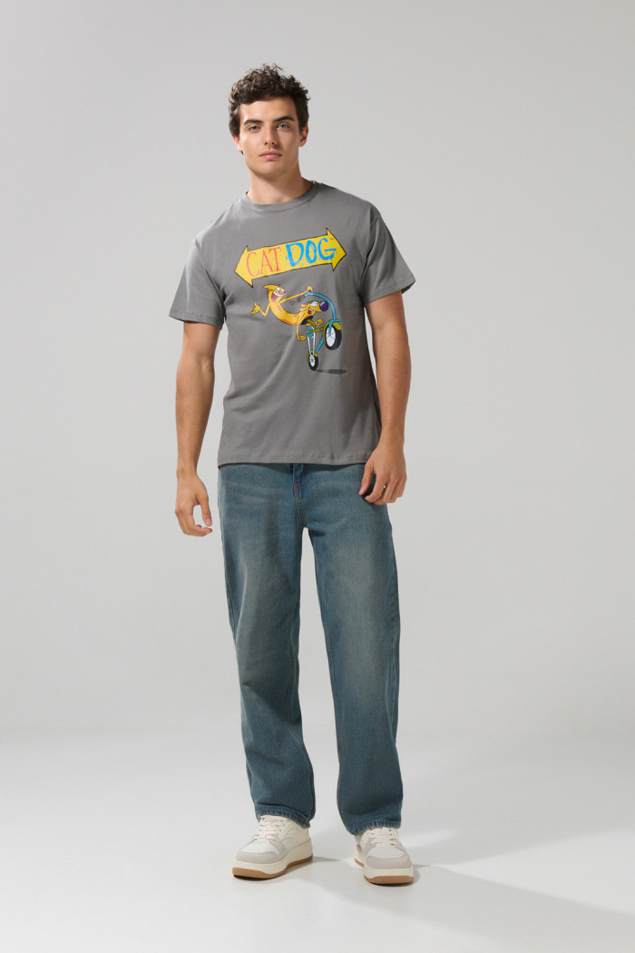 Camiseta manga corta gris medio con arte de CatDog