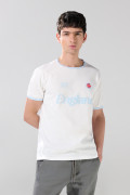 Camiseta crema college manga corta con contrastes azules