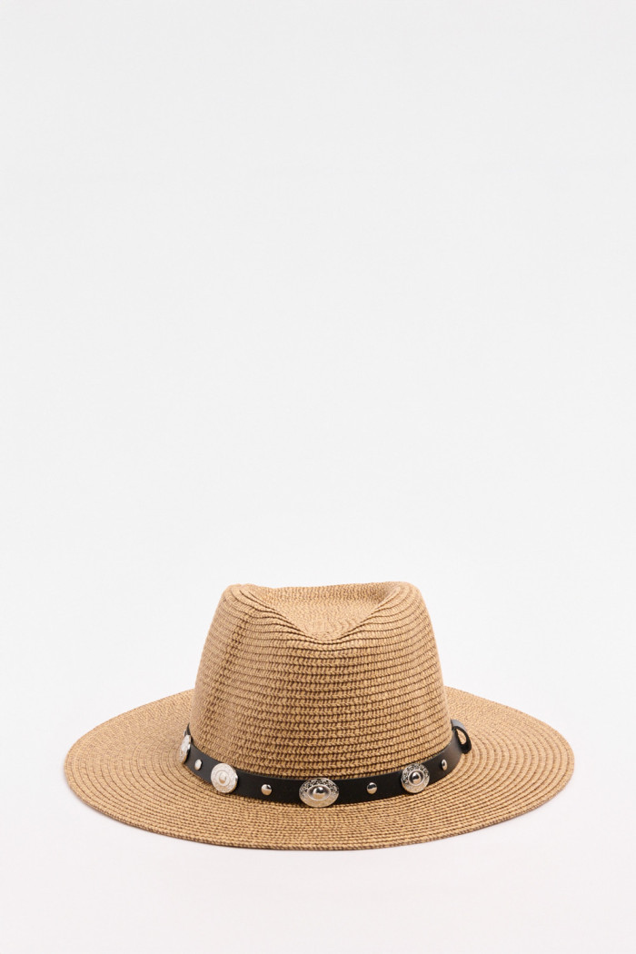 Sombrero fedora kaki medio con cinto y apliques