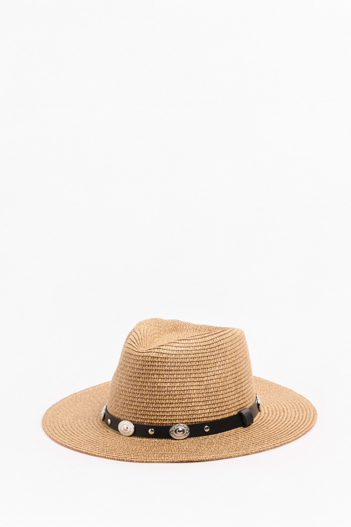 Sombrero fedora kaki medio con cinto y apliques